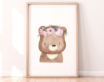 Flower Crown Bear Watercolor Print, Boho Nursery Art (Digital Download)