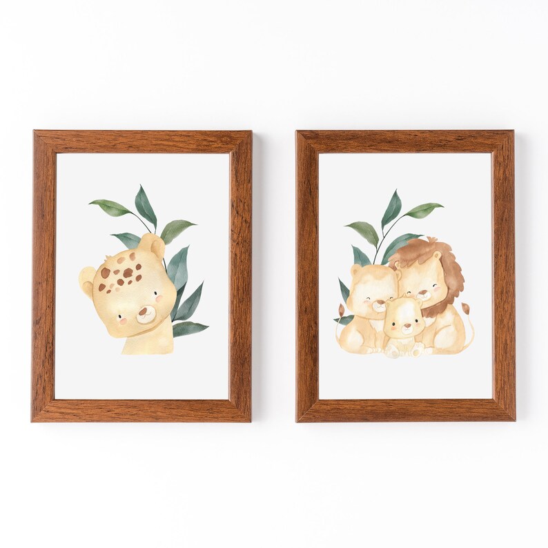 Watercolor Lion Wall Art Set of 2. Safari Nursery Theme. Family Set