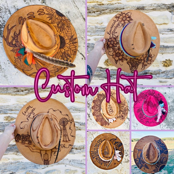 Made to Order Customizable Rancher Style Hand Burned Womens Extra Wide Brim  Hat 