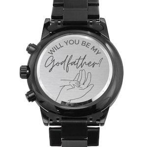 Regalo de propuesta de padrino, ¿Quieres ser mi padrino?, Propuesta de padrino, Reloj grabado en una caja de regalo con una tarjeta con mensaje, Pregúntale a los padrinos