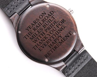 Cadeau de retraite pour cheminot, montre en bois gravée, merci pour des années de service, cadeau de carrière dans les chemins de fer