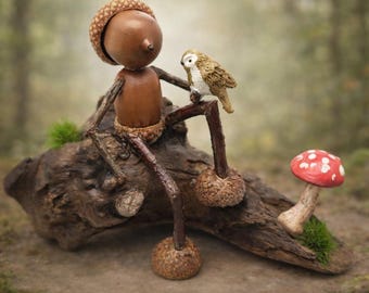 Woodland Acorn Fairy with Bird-Handcrafted Folk Art Sculpture- Nature Spirit on Driftwood- Whimsical Forest Decor-Handmade-One of a Kind