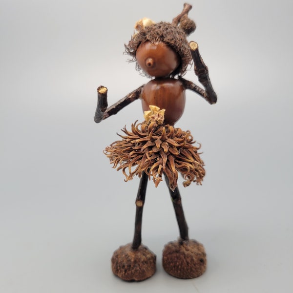Oakie Acorn Elf all dressed up with her white milkweed flowers and her pretty skirt. "Say it with Oakies" Fantasy art sculpture.