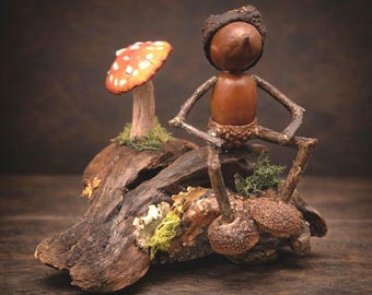 Oakie Woodland Folk Art Sculpture – 4" Handmade Acorn Figurine with Mushroom – Whimsical Rustic Driftwood Decor