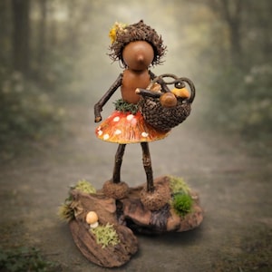 Oakie Mushroom Hunter Sculpture on Ocean Driftwood — Woodland Folk Art Figurine, Acorn Person, Forest Forager, Nature Decor, Handmade OOAK image 1