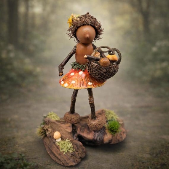 Oakie Mushroom Hunter Sculpture on Ocean Driftwood — Woodland Folk Art Figurine, Acorn Person, Forest Forager, Nature Decor, Handmade OOAK
