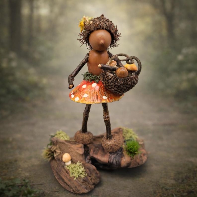 Oakie Mushroom Hunter Sculpture on Ocean Driftwood — Woodland Folk Art Figurine, Acorn Person, Forest Forager, Nature Decor, Handmade OOAK image 1