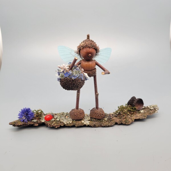 Oakie Acorn Elf Fairy, carrying a basket of blue and white flowers.