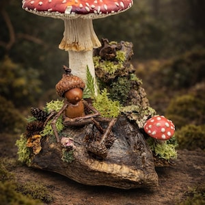 Whimsical Acorn Figurine Under Red Mushroom with mouse – Oakie Folk Art Sculpture – Handmade Woodland Decor – Cottagecore Forest Art