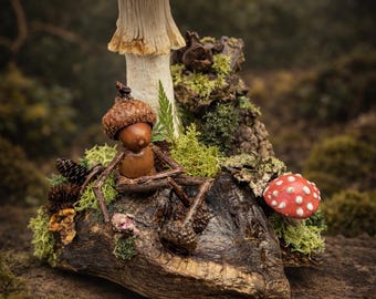 Whimsical Acorn Figurine Under Red Mushroom with mouse – Oakie Folk Art Sculpture – Handmade Woodland Decor – Cottagecore Forest Art