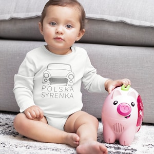 Polskie body niemowlęce dla dziewczynki | Syrena | Body dla dziewczynki | Ciało z zabawnym polskim samochodem | Koszulka z rozwiązaniem | Polska Syrenka