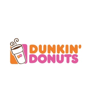 May include: Dunkin' Donuts logo with a pink and orange color scheme. The logo features a stylized coffee cup with steam rising from it and the text "Dunkin' Donuts".