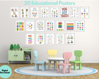 Set of 20 Educational Posters, Homeschool Prints, Montessori Classroom Decor, Kids Decor, Toddler Playroom Decor, Digital Download, girl Boy