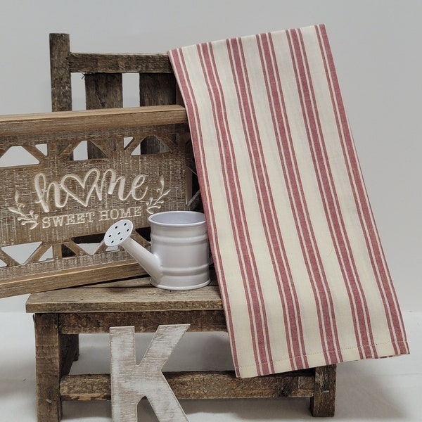 Handmade Red Cream Striped Farmhouse Tea Towel with Hook Tag