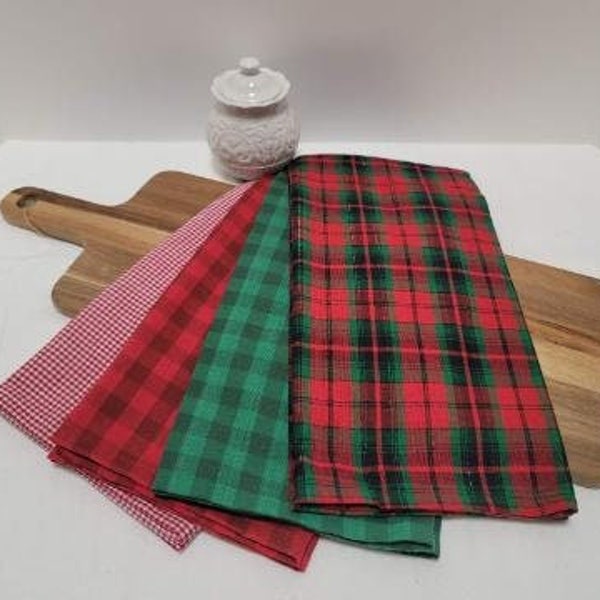 Handmade Holiday Buffalo Check Woven Tea Towel with Hook Tag Red Green Plaid Tartan Buffalo Check