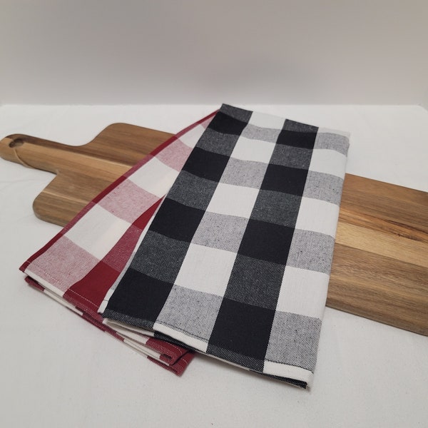 Handmade French Style Linen Red or Black and White Buffalo Plaid Gingham Check Tea Towel with Hook Tag