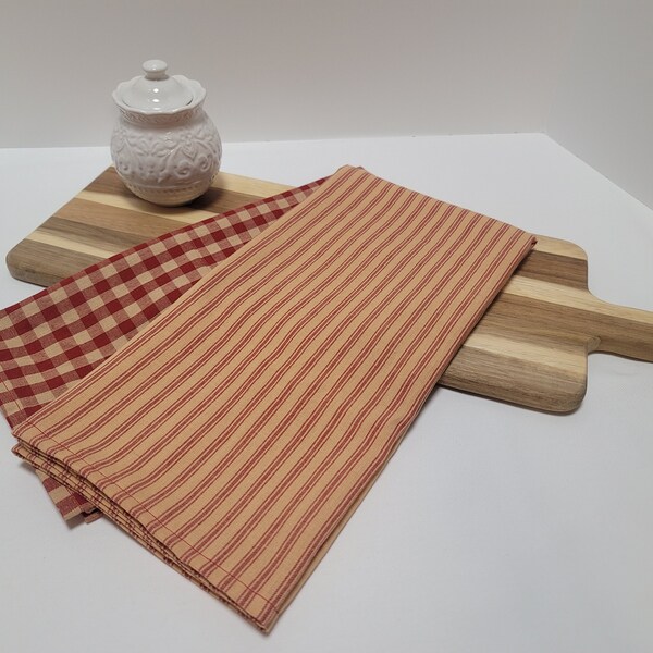 Rustic Red Collection, Handmade Homespun Tea Towel with Hook Tag Buffalo Check Plaid Stripe