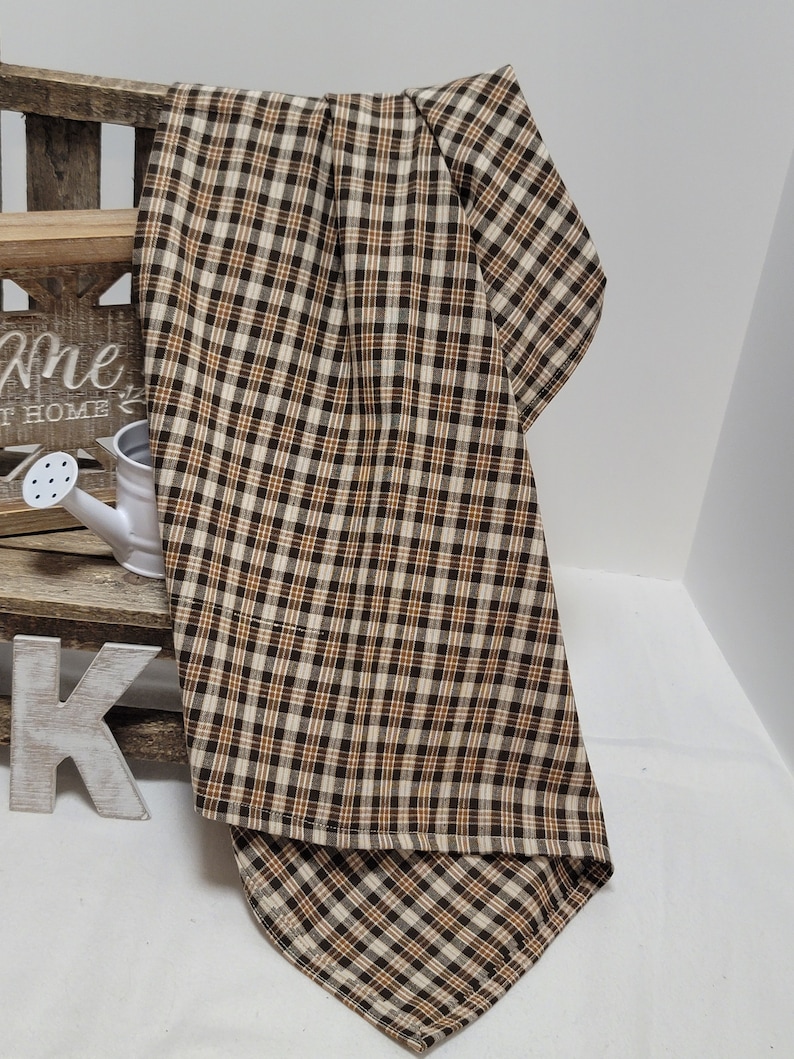 Handmade Cream Rust Brown Plaid Homespun Tea Towel with Hook Tag image 2