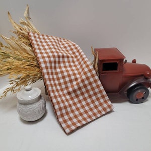 Handmade Copper and White Buffalo Check Plaid Homespun Tea Towel with Hook Tag