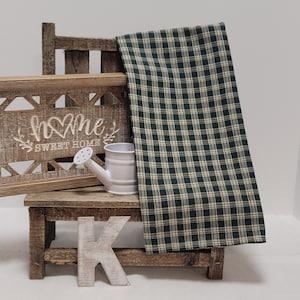 Handmade Green Cream Plaid Homespun Tea Towel with Hook Tag