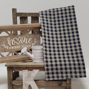 Handmade Cream Blue Plaid Homespun Tea Towel with Hook Tag