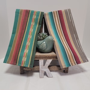 The Serape Collection - Handmade Linen or Homespun Serape Boho Western Multi Color Striped Tea Towel with Hook Tag
