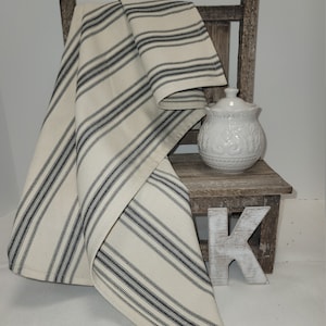 Handmade French Style Linen Thick Striped Black Cream Hand Tea Towel with Hook Tag