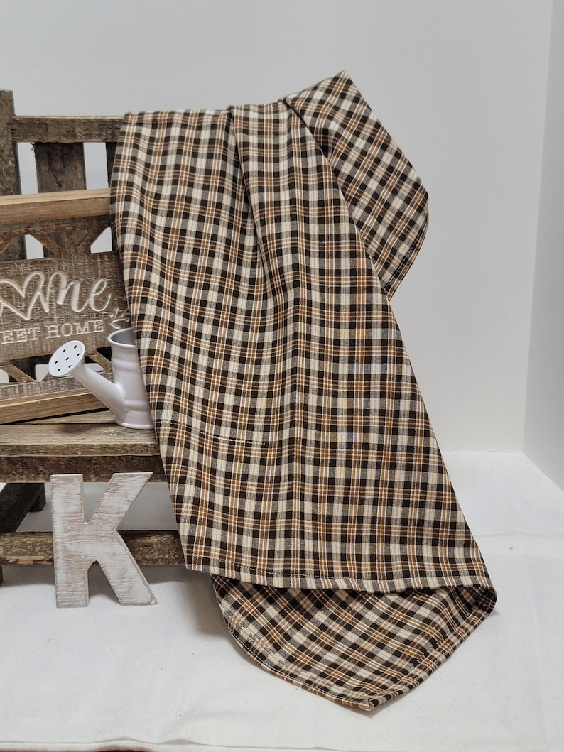 Handmade Cream Rust Brown Plaid Homespun Tea Towel with Hook Tag image 9