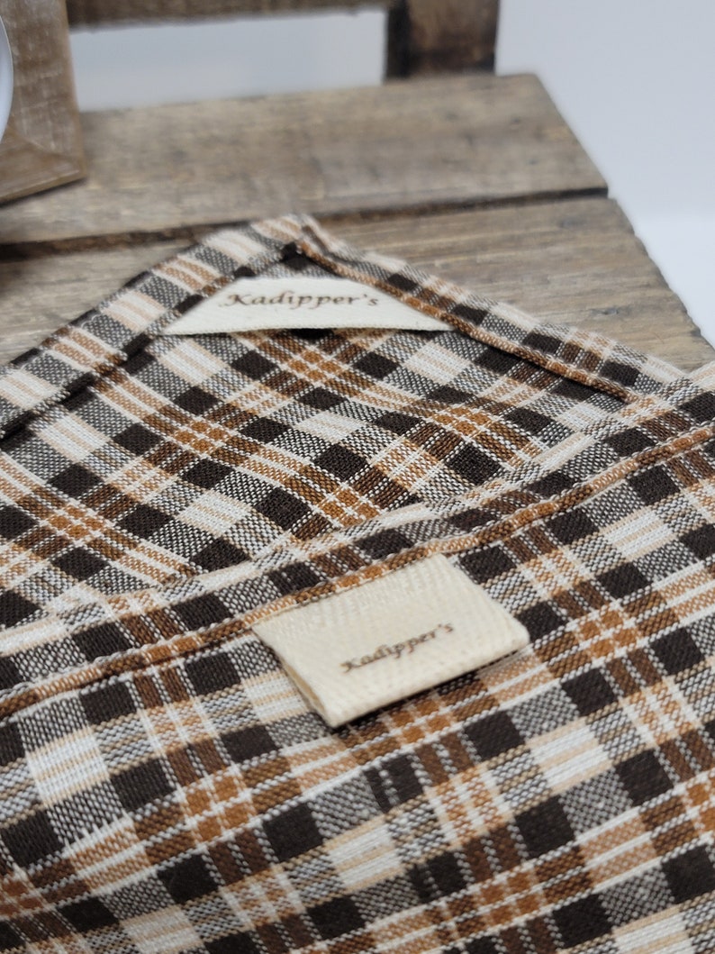 Handmade Cream Rust Brown Plaid Homespun Tea Towel with Hook Tag image 6