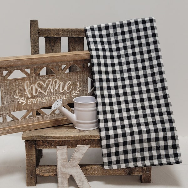 Handmade Black White Check Plaid Homespun Tea Towel with Hook Tag