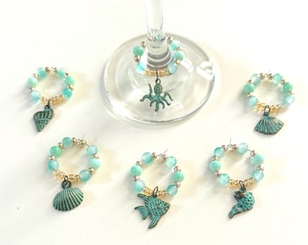 Ocean Themed Wine Charms Set of 6 - Nautical Drink Markers, Beach Party Glass Charms