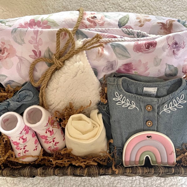 Baby girl gift set for niece new baby denim outfit boho girl baby tights outfit bow headband boho newborn flower headband booties gift girl