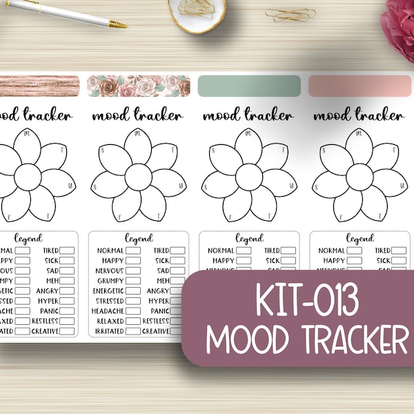 Weekly Mood Tracker 1.5" Wide Flower Planner Stickers, Planning, Tracking, EC, Erin Condren Life Planner, Happy Planner, Functional, KIT-013