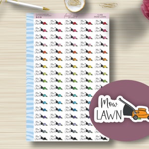 Maai het gazon, scriptplannerstickers, grasmaaier, planning, EC-stickers, ECLP, Erin Condren Life Planner, Happy, Word-contouren, mat