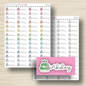 May include: A sheet of colorful birthday cake stickers with the word "birthday" written in cursive. The stickers are arranged in rows and columns on a white background. There is a larger sticker with a green cake and candles on a pink background.