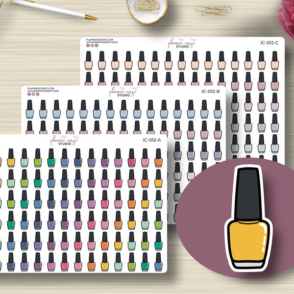 Nail Polish Icon Planner Stickers, Color, Nail Reminder, Nail Appointment, ECLP, Vertical, Happy, Sticker Sheet, Matte, Glossy, IC-012