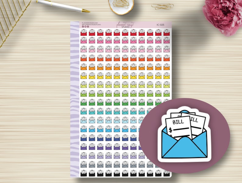 Bill Envelope Icon Planner Stickers, Bill Tracker, Bills Payment, Planning Sticker ECLP, EC, Plum, Happy, Any Planner, Functional image 1