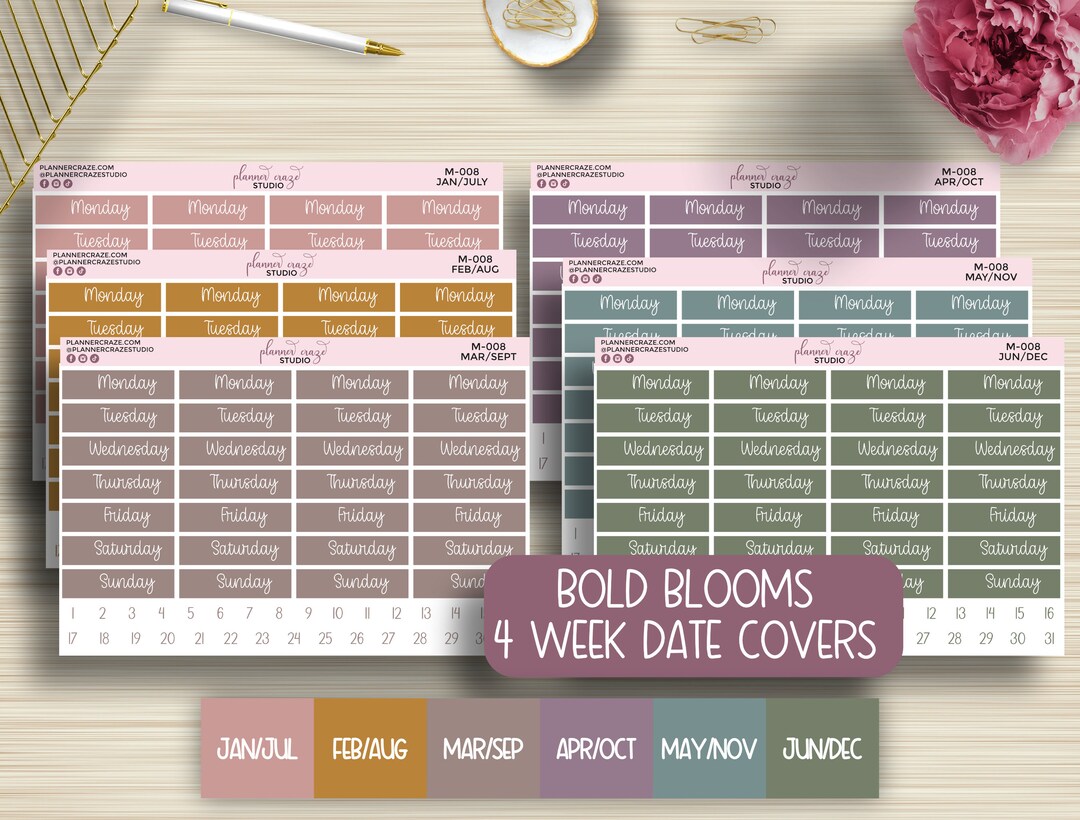Weekly Bloom Chart Date Covers, Bold Blooms, Weekly Planner Stickers, Weekly Planning, EC ...