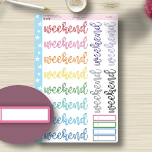 F-005, Pegatinas de Planificador de guiones de fin de semana, Encabezado, Erin Condren, ECLP, EC Vertical, Por hora, Planificador feliz, Hoja de pegatinas, Papel de ciruela, Mate