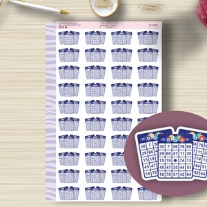Bingo Cards Icon Planner Stickers, Juego, Planificación, EC, Erin Condren Life Planner, Papel ciruela, Happy Planner, Funcional, Mate, IC-030