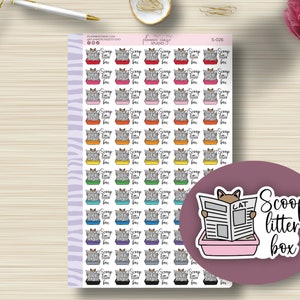 Puede incluir: Hoja de pegatinas para planificador con ilustraciones coloridas de areneros para gatos y el texto "Scoop litter box". Una pegatina circular muestra un gato leyendo un periódico en un arenero. Fondo blanco.