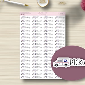 May include: Sheet of planner stickers featuring small white mail trucks with the word "PICKUP" in a handwritten font. A circular sticker with a mail truck and the word "PICKUP" is also visible. The stickers are on a light pink background.