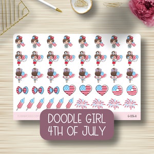 4 juillet Doodle Girl, autocollants pour agenda, fête de l'indépendance, vacances, autocollants CE, Erin Condren Life, Happy Planner, icône fonctionnelle, G-026