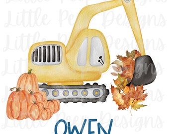 Excavator, Pumpkins Watercolor Clipart,Fall, PNG,Sublimation Digital Download, Printable Artwork Design, Toddler Boy&#39;s Fall Gift