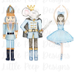 May include: A watercolor illustration of a nutcracker, a mouse wearing a crown and a ballerina. The nutcracker is wearing a blue and gold uniform and holding a sword. The mouse is wearing a blue and gold uniform and holding a sword. The ballerina is wearing a blue tutu and a blue ribbon in her hair.