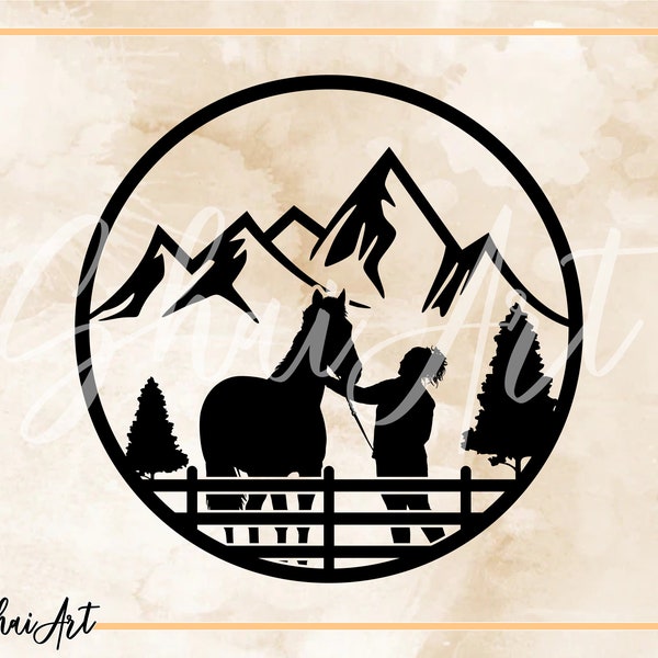 Horse and Girl Circle with Mountain svg file, horse svg, rodeo svg, svg, png, cricut, dxf, clipart, for Commercial and Personal use