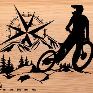 Biker Bergbäume und Kompass SVG-Datei, Mtb svg, Fahrrad svg, Biker svg, svg, png, Cricut, dxf, Clipart, für kommerziellen und persönlichen Gebrauch