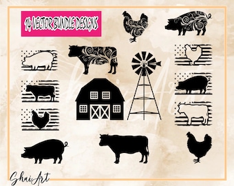 14 Vector Bundle Design, Cow svg, pork svg, chicken svg, barn svg, svg, png, cricut, dxf, clipart, for Commercial and Personal use