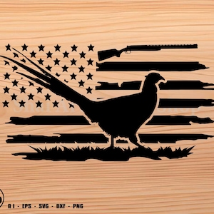 Faisán con bandera estadounidense y escopeta, caza de faisán (SVG), caza de aves (SVG), SVG, PNG, Cricut, DXF, clipart, para uso comercial y personal.