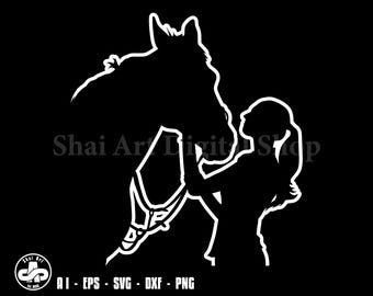 Caballo y niña delineados, caballo SVG, vaquera SVG, SVG, PNG, Cricut, DXF, clipart, para uso comercial y personal